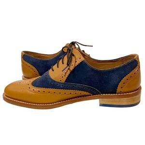 Samuel Windsor Leather Wingtip Oxford Mens Sz 7.5 Shoes Two-Tone Tan Blue Suede